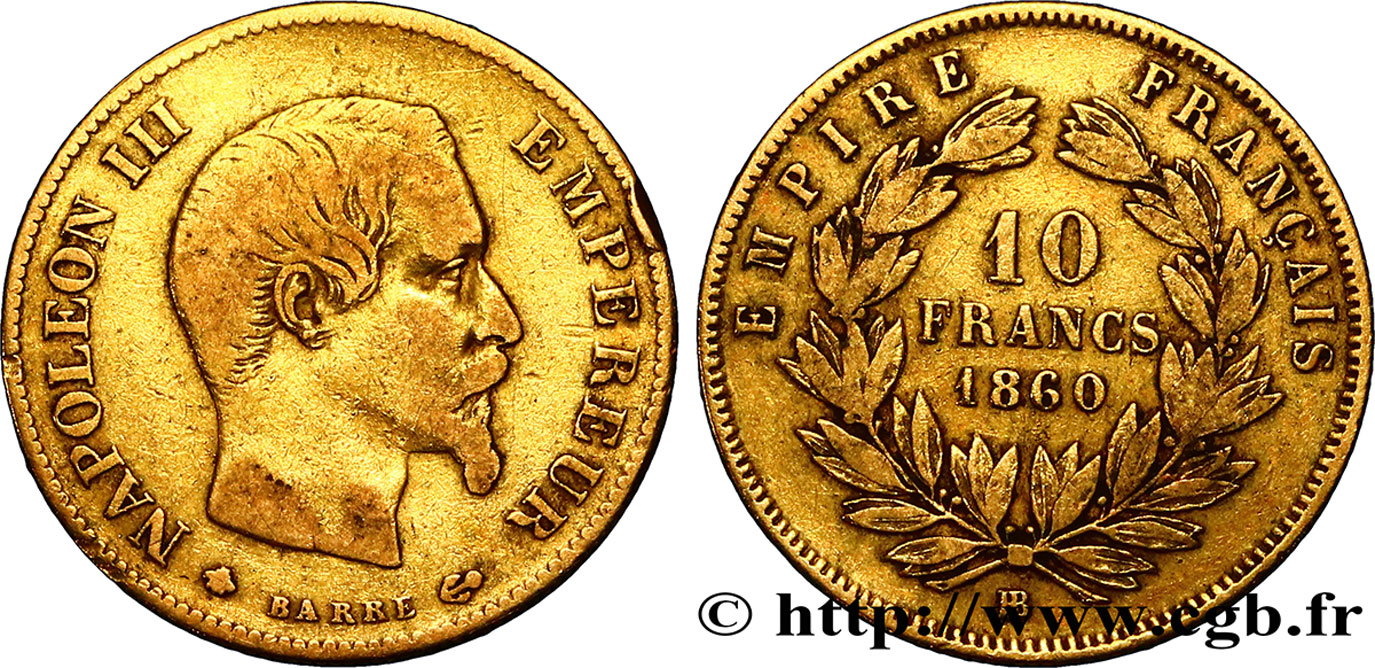 10 francs or Napoléon III, tête nue, grand module 1860 Strasbourg F.506/11 MB30 