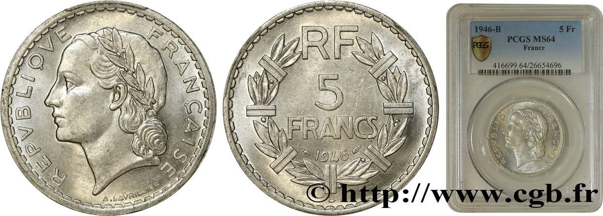 5 francs Lavrillier, aluminium 1946 Beaumont-Le-Roger F.339/7 SPL64 PCGS