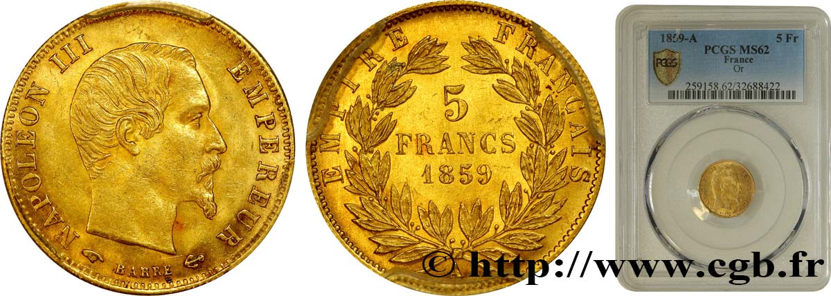 5 francs or Napoléon III, tête nue, grand module 1859 Paris F.501/7 SPL62 PCGS