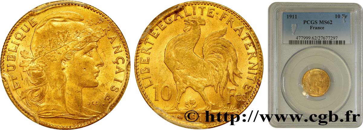 10 francs or Coq 1911 Paris F.509/12 EBC62 PCGS