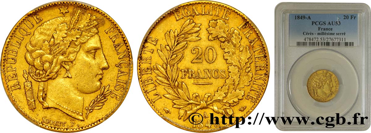 20 francs or Cérès 1849 Paris F.529/1 AU53 PCGS