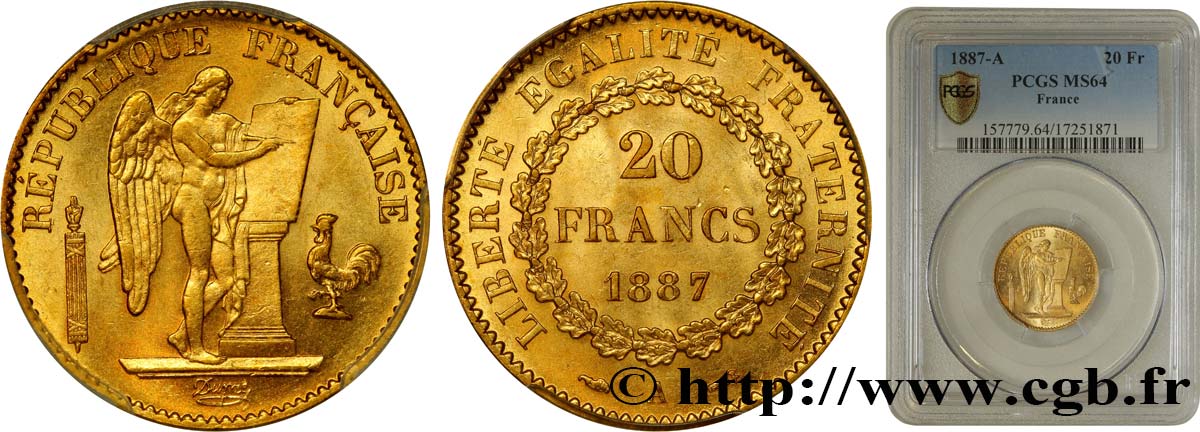 20 francs or Génie, Troisième République 1887 Paris F.533/10 MS64 PCGS