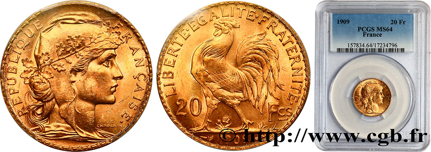 20 francs or Coq, Liberté Égalité Fraternité 1909 Paris F.535/3 SC64 PCGS