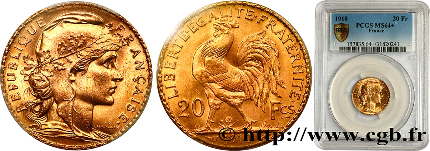 20 francs or Coq, Liberté Égalité Fraternité 1910 Paris F.535/4 fST64 PCGS
