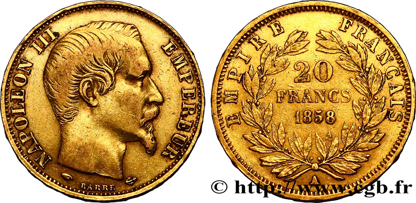 20 francs or Napoléon III, tête nue 1858 Paris F.531/13 VF35 