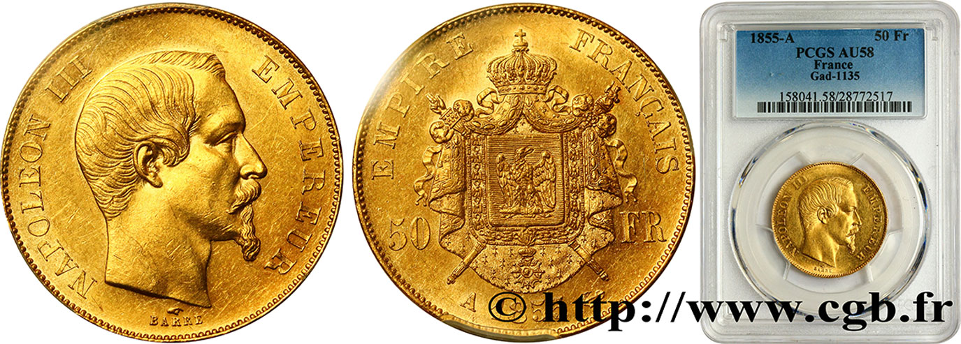 50 francs or Napoléon III, tête nue 1855 Paris F.547/1 AU58 PCGS