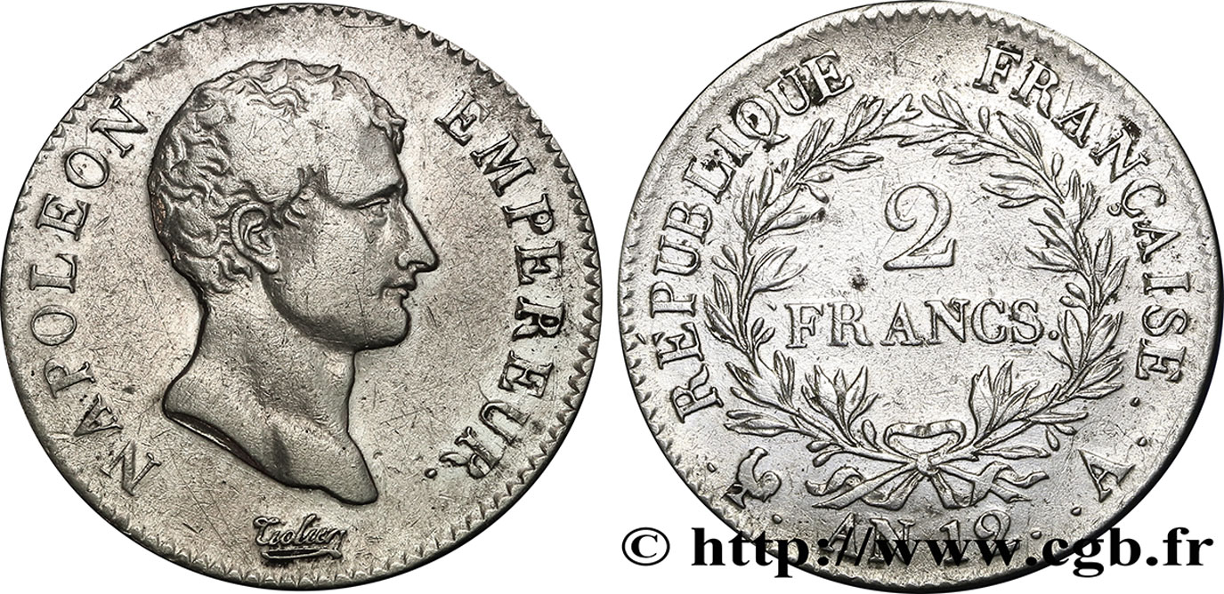 2 francs Napoléon Empereur, Calendrier révolutionnaire 1804 Paris F.251/1 TB38 