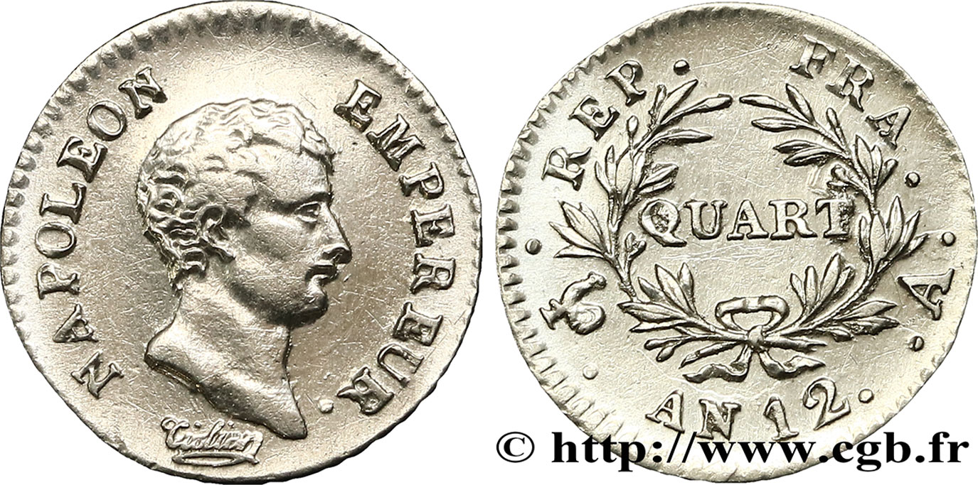 Quart (de franc) Napoléon Empereur, Calendrier révolutionnaire 1804 Paris F.158/1 MBC48 