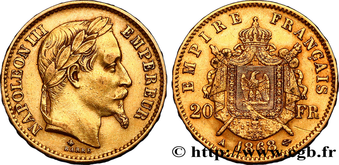 20 francs or Napoléon III, tête laurée 1868 Paris F.532/18 SS45 