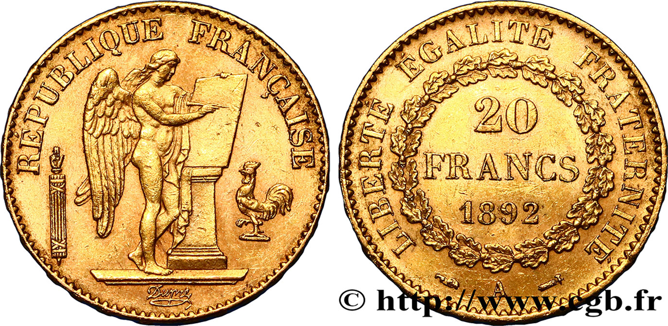 20 francs or Génie, Troisième République 1892 Paris F.533/16 TTB48 