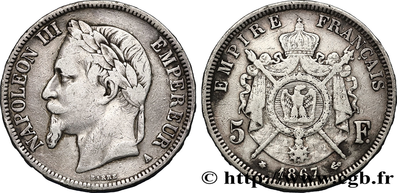 5 francs Napoléon III, tête laurée 1867 Paris F.331/10 S30 