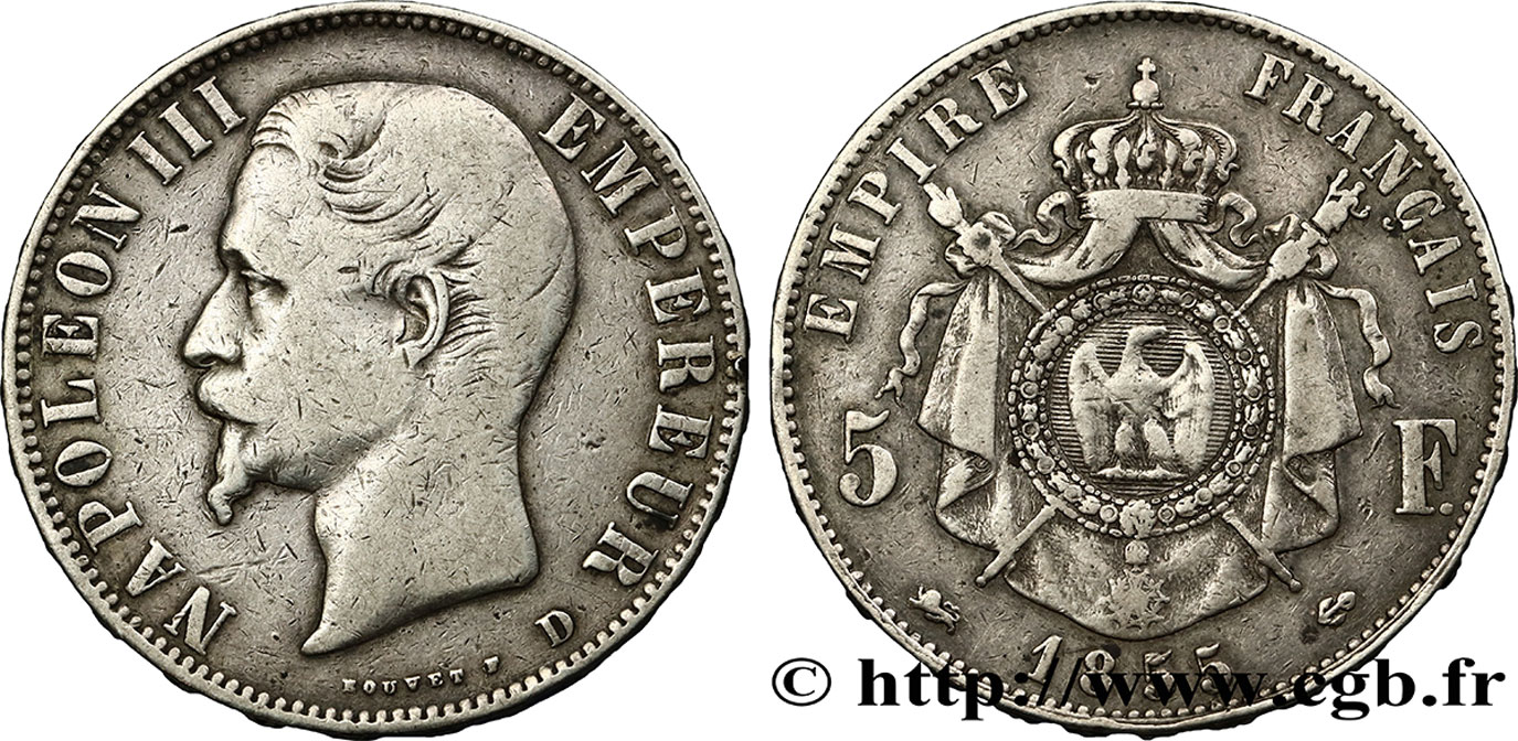 5 francs Napoléon III, tête nue 1855 Lyon F.330/5 TB30 