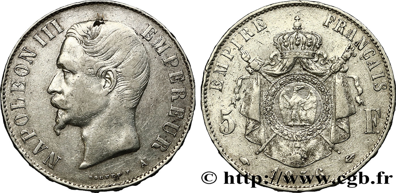 5 francs Napoléon III, tête nue, petit A 1856 Paris F.330/7 VF 