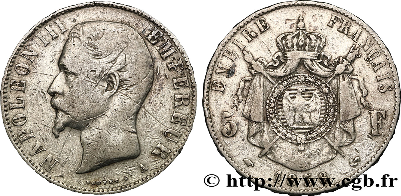 5 francs Napoléon III, tête nue 1858 Paris F.330/11 VF25 