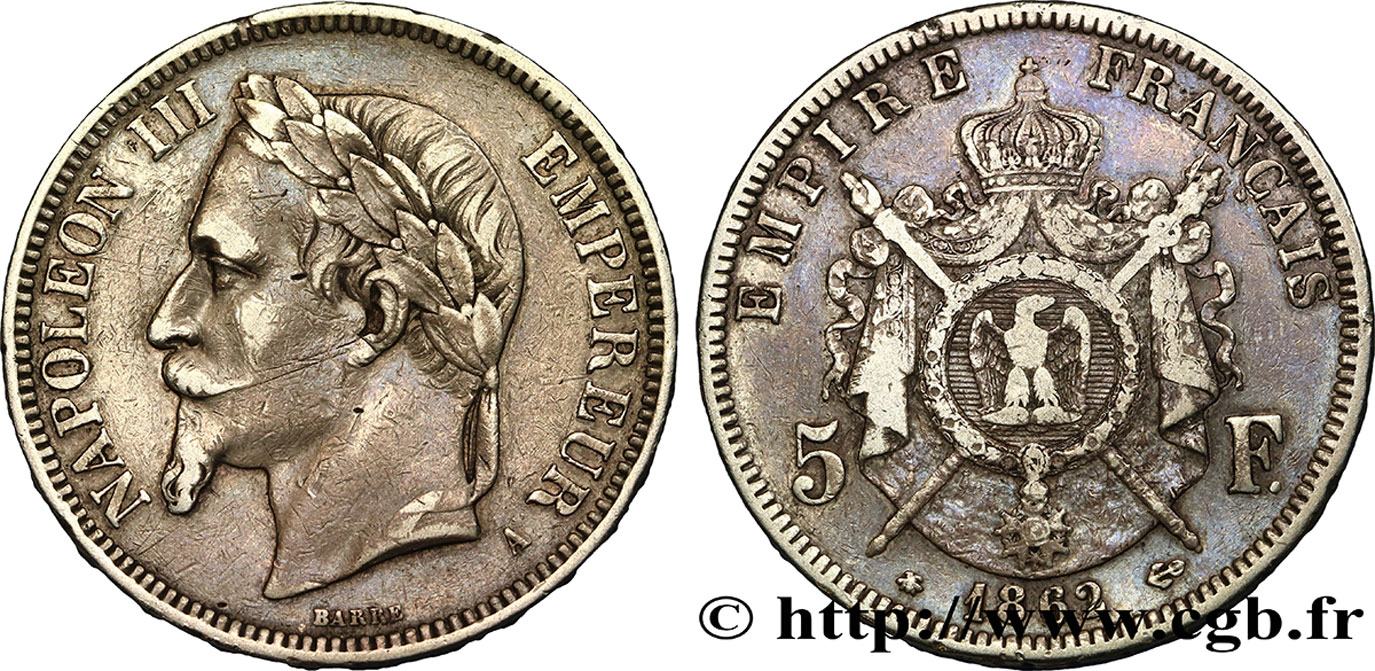 5 francs Napoléon III, tête laurée 1862 Paris F.331/3 TB30 