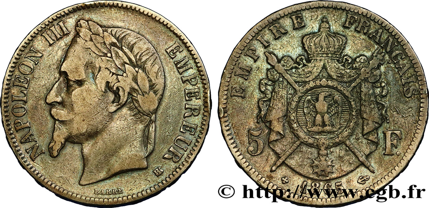 5 francs Napoléon III, tête laurée 1865 Strasbourg F.331/8 VF30 