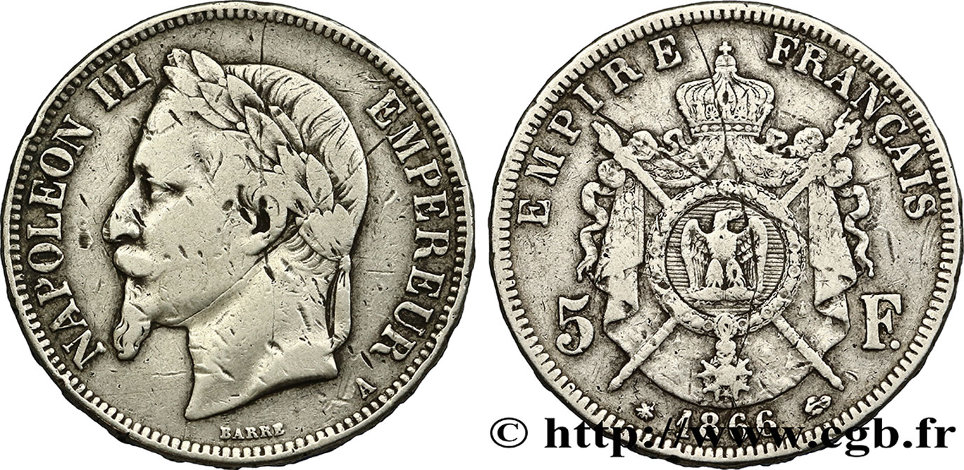 5 francs Napoléon III, tête laurée 1866 Paris F.331/9 BC 