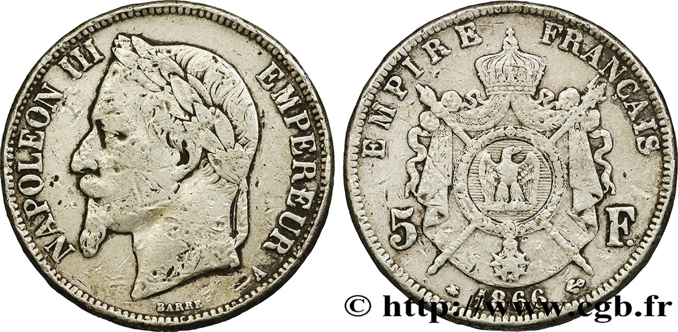 5 francs Napoléon III, tête laurée 1866 Paris F.331/9 q.MB 