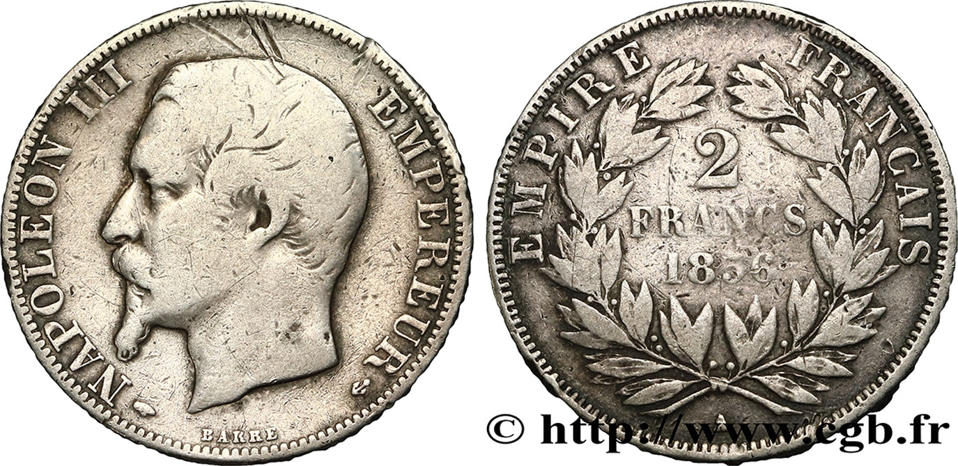 2 francs Napoléon III, tête nue 1856 Paris F.262/4 VF25 