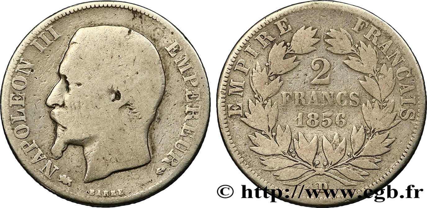 2 francs Napoléon III, tête nue 1856 Lyon F.262/8 B12 
