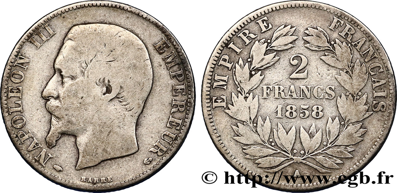 2 francs Napoléon III, tête nue 1858 Paris F.262/10 TB25 