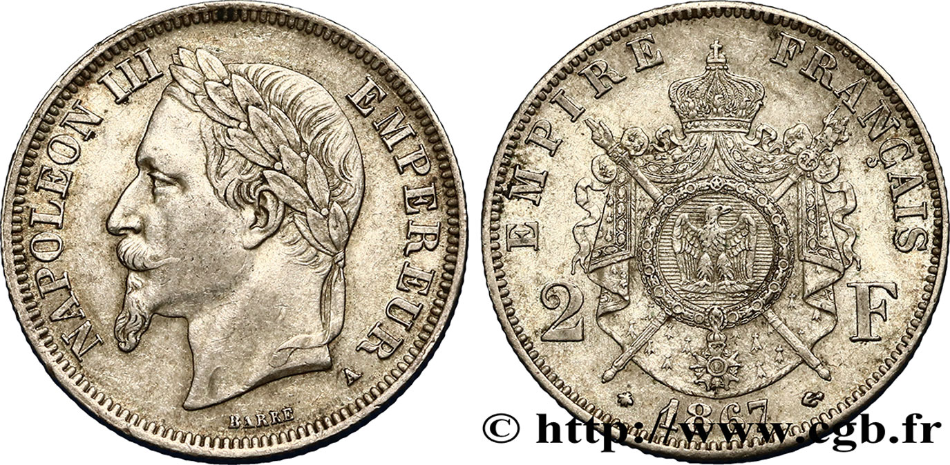 2 francs Napoléon III, tête laurée  1867 Paris F.263/5 TTB50 