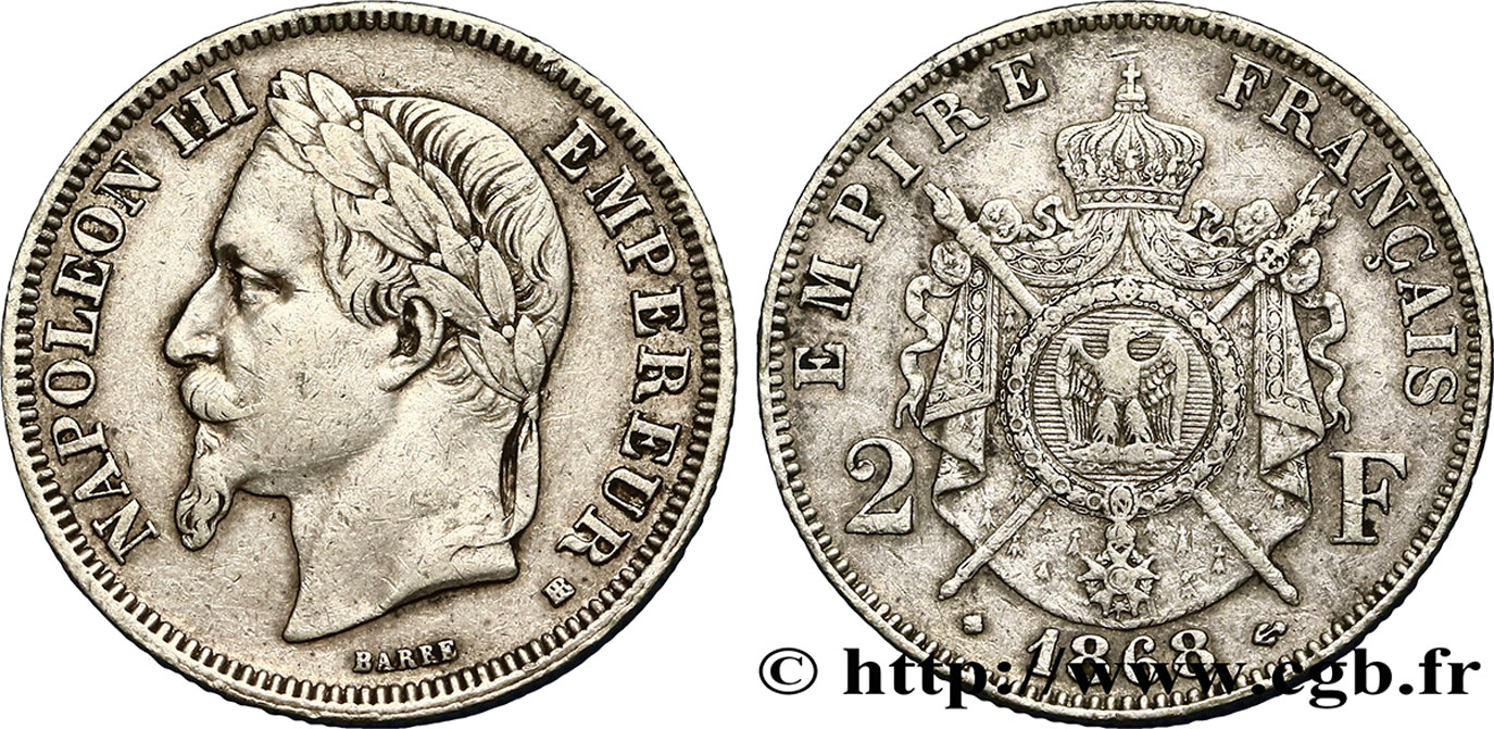 2 francs Napoléon III, tête laurée  1868 Strasbourg F.263/9 MBC45 