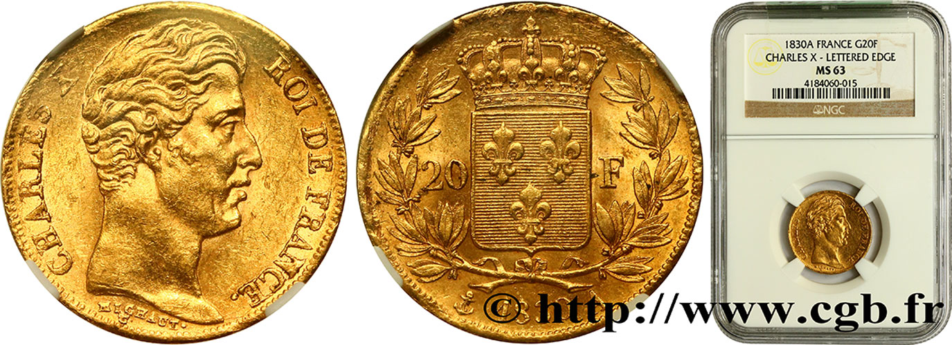 20 francs or Charles X, matrice du revers à cinq feuilles 1830 Paris F.521/6 SC63 NGC