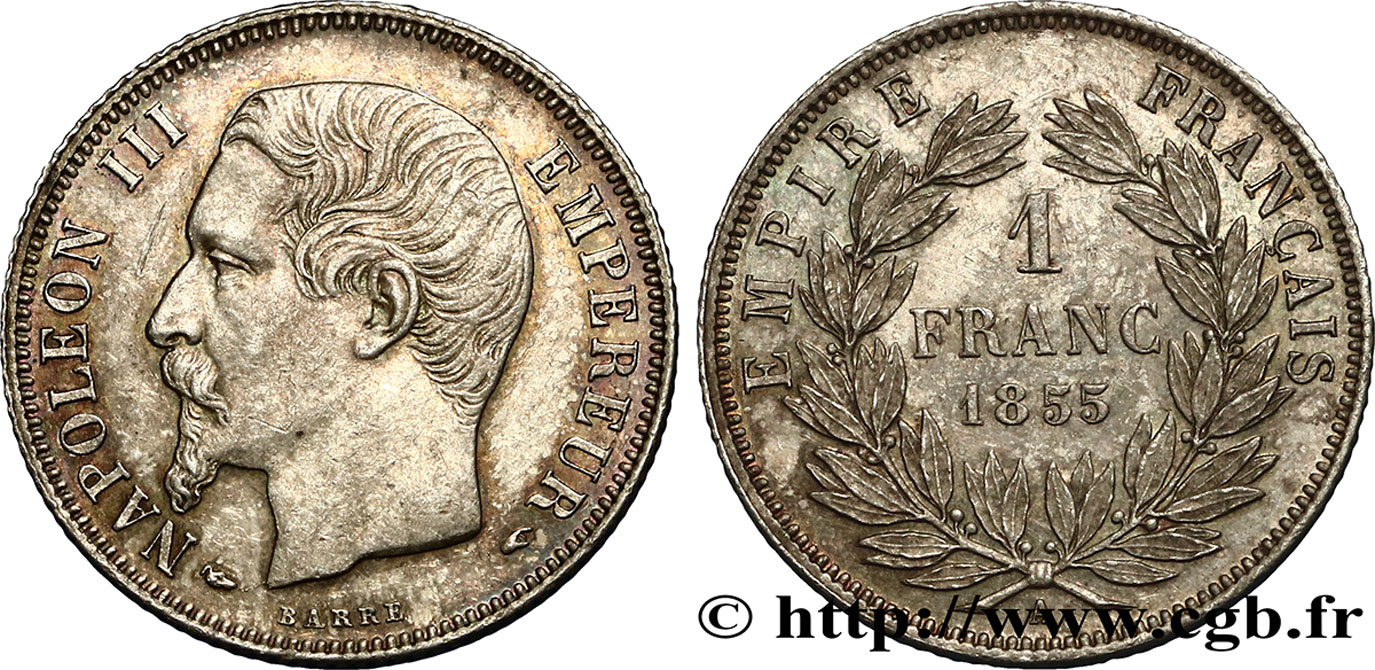1 franc Napoléon III, tête nue 1855 Paris F.214/3 AU55 