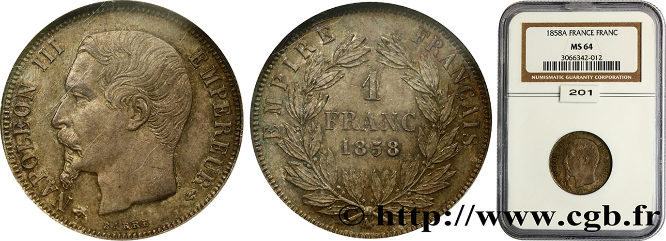 1 franc Napoléon III, tête nue 1858 Paris F.214/11 fST64 NGC