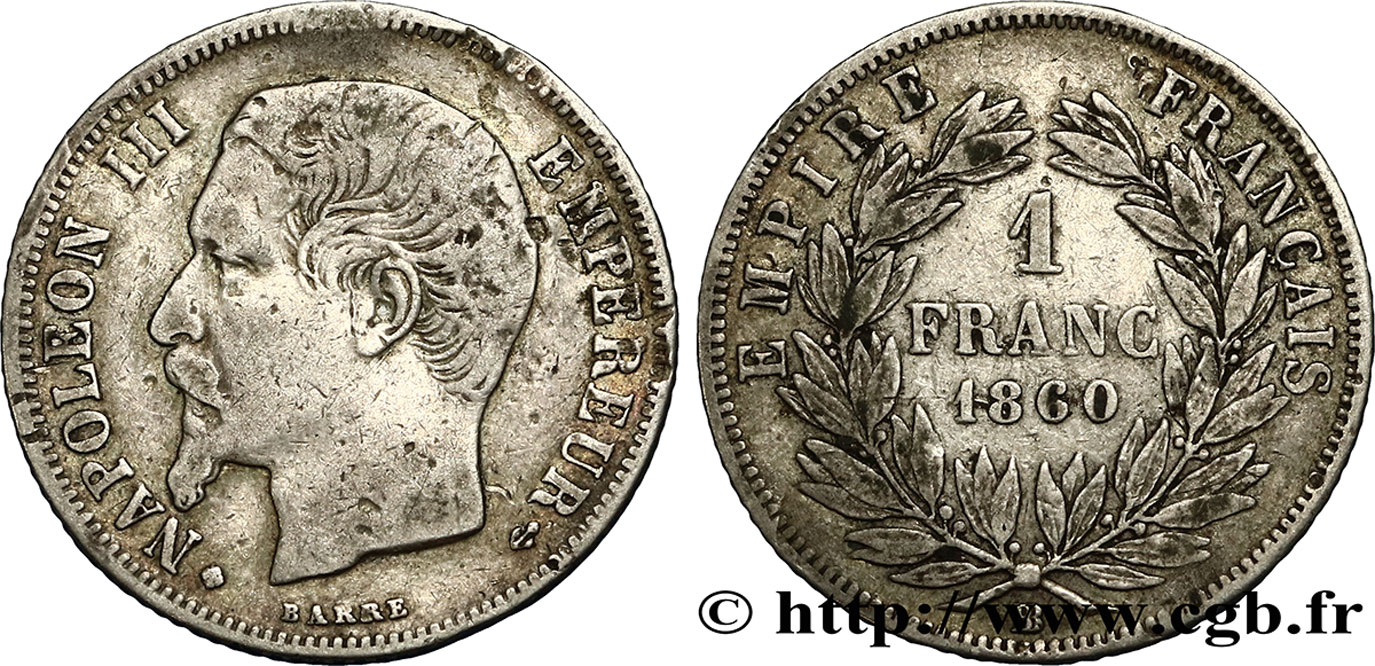 1 franc Napoléon III, tête nue 1860 Strasbourg F.214/19 BB40 