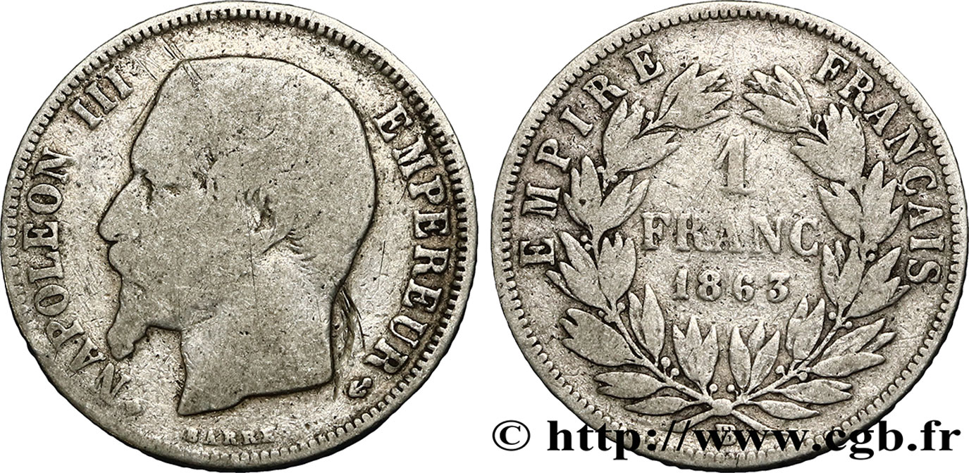 1 franc Napoléon III, tête nue 1863 Strasbourg F.214/21 F12 