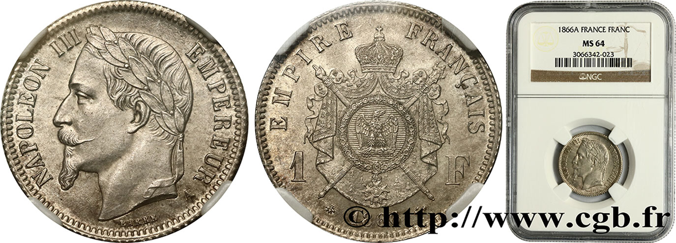 1 franc Napoléon III, tête laurée 1866 Paris F.215/3 fST64 NGC