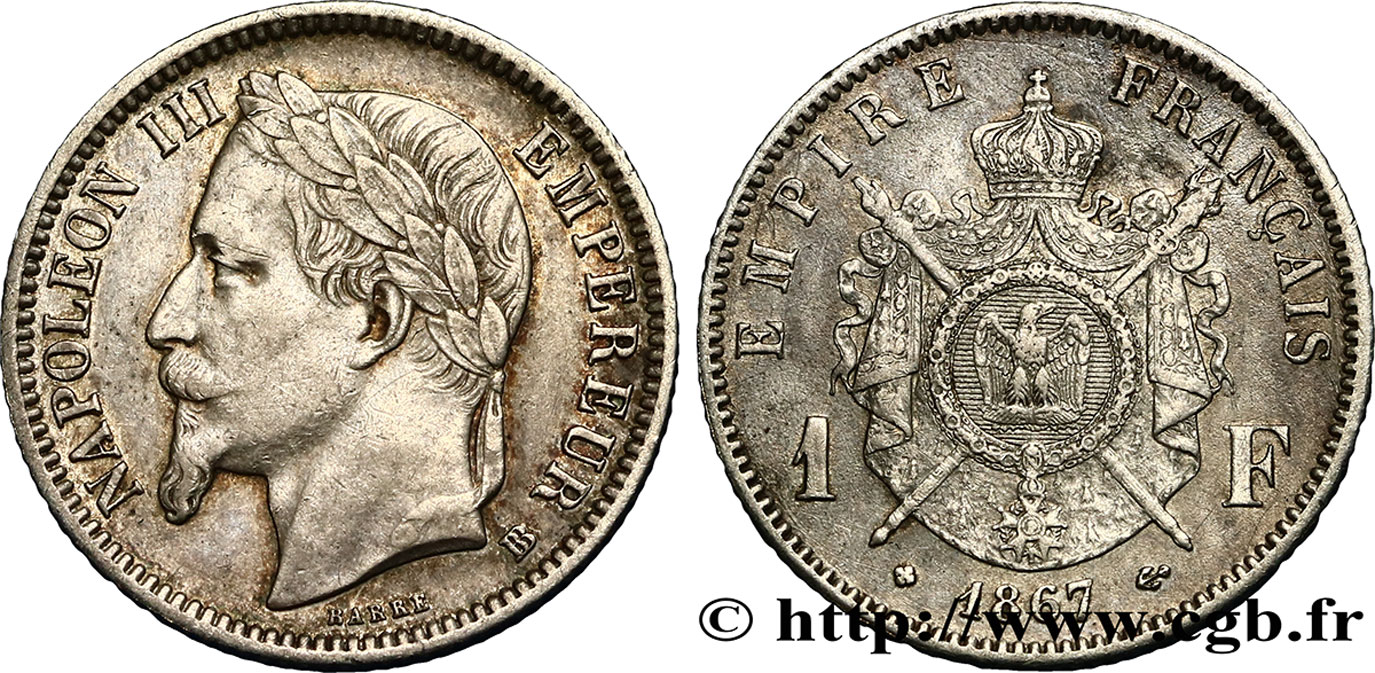 1 franc Napoléon III, tête laurée, grand BB 1867 Strasbourg F.215/8 TTB48 