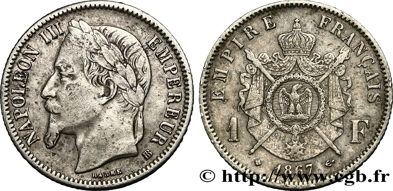 1 franc Napoléon III, tête laurée, grand BB 1867 Strasbourg F.215/8 TTB45 