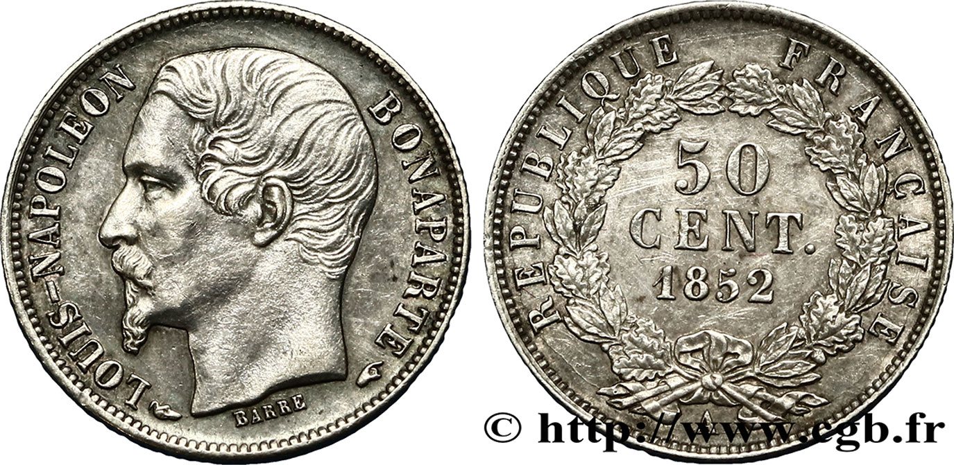 50 centimes Louis-Napoléon 1852 Paris F.185/1 AU52 