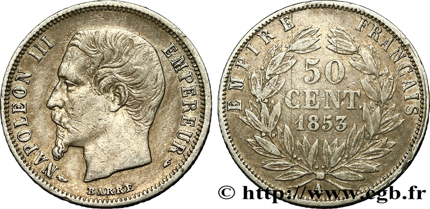 50 centimes Napoléon III, tête nue 1853 Paris F.187/1 S35 