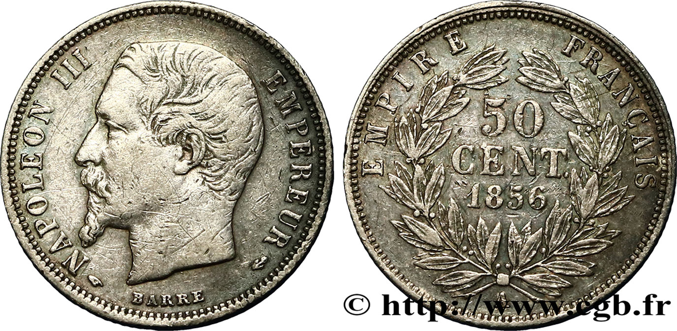 50 centimes Napoléon III, tête nue 1856 Paris F.187/5 MBC42 