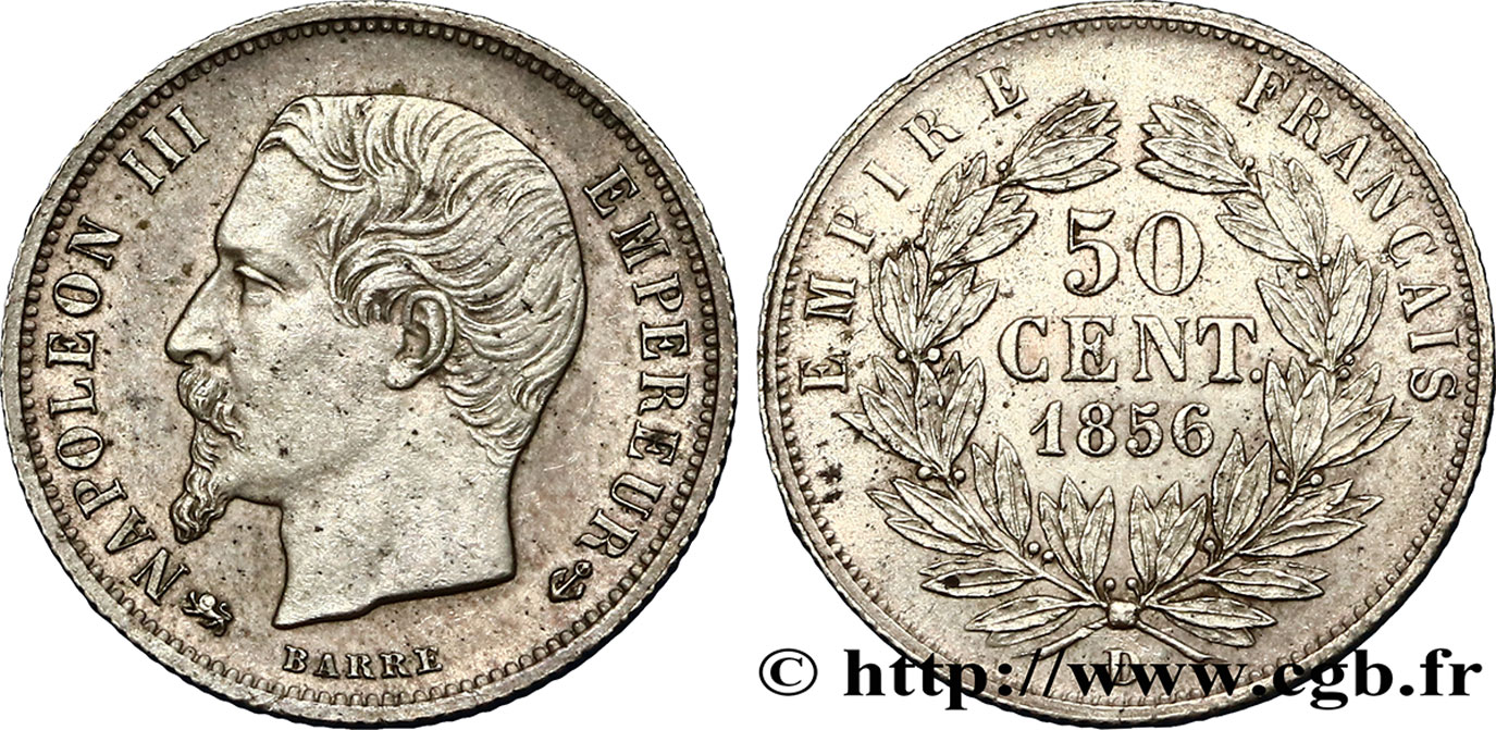 50 centimes Napoléon III, tête nue 1856 Lyon F.187/7 SPL55 