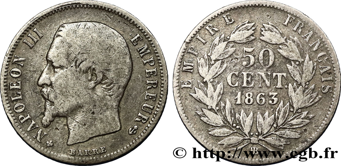 50 centimes Napoléon III, tête nue 1863 Strasbourg F.187/17 TB25 