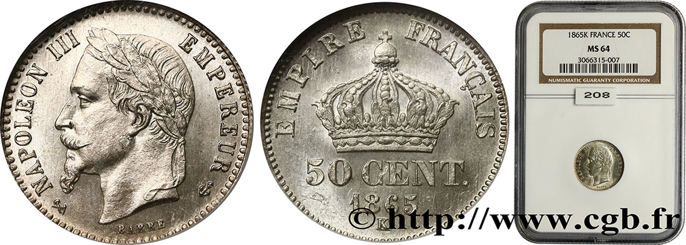 50 centimes Napoléon III, tête laurée 1865 Bordeaux F.188/8 SPL64 NGC