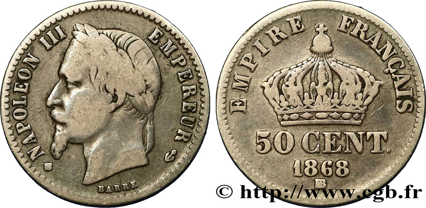 50 centimes Napoléon III, tête laurée 1868 Strasbourg F.188/21 BC20 