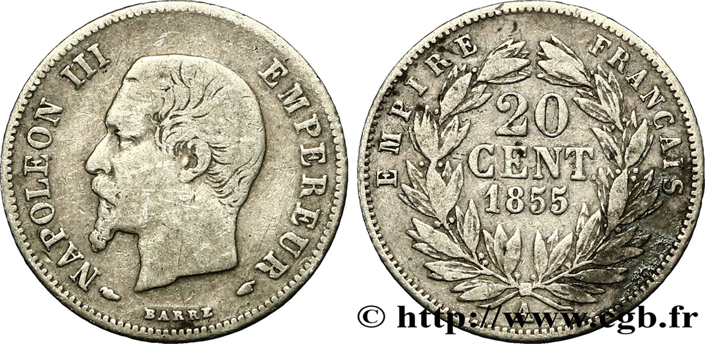 20 centimes Napoléon III, tête nue 1855 Paris F.148/3 VF30 
