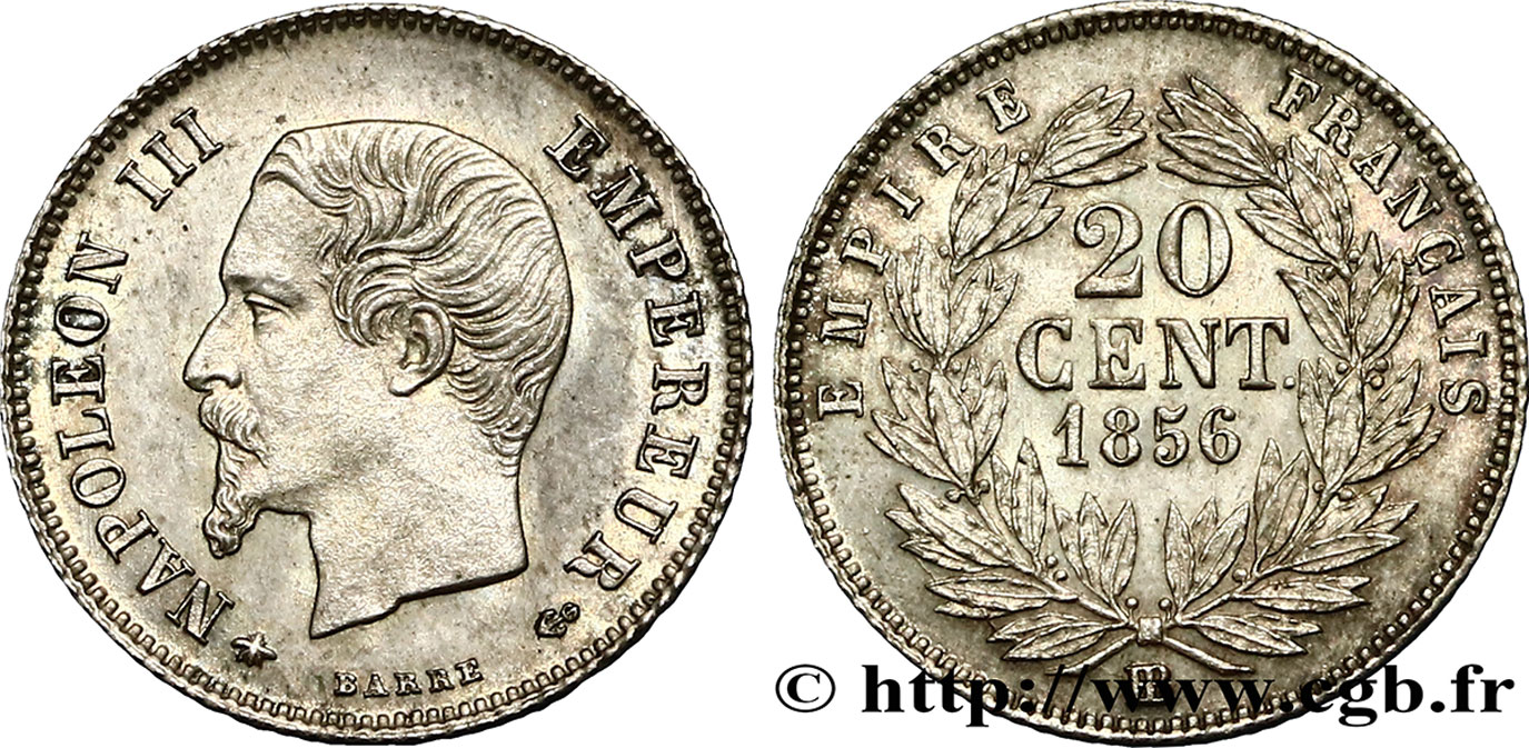 20 centimes Napoléon III, tête nue 1856 Strasbourg F.148/5 SUP62 