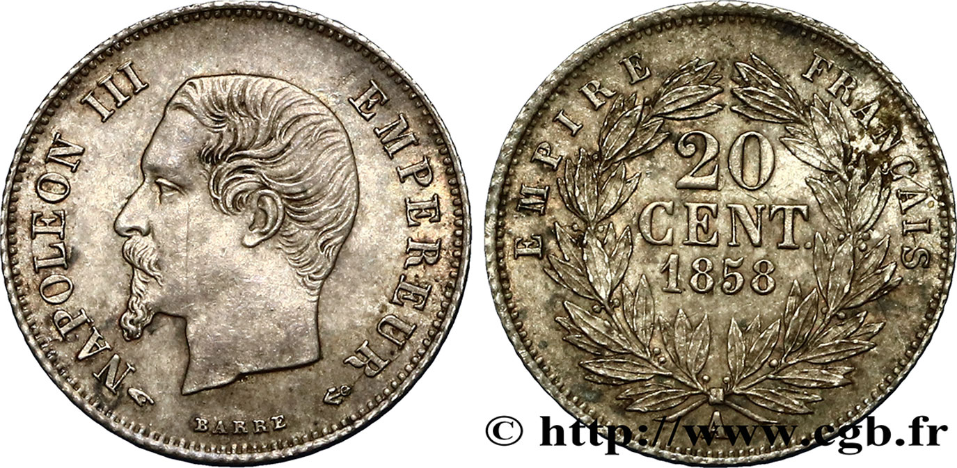 20 centimes Napoléon III, tête nue 1858 Paris F.148/10 VZ55 