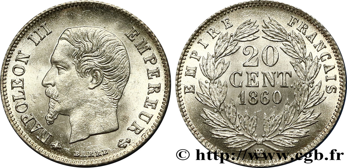 20 centimes Napoléon III, tête nue 1860 Strasbourg F.148/16 SPL63 