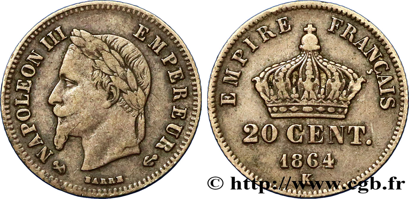 20 centimes Napoléon III, tête laurée, petit module 1864 Bordeaux F.149/3 MBC42 