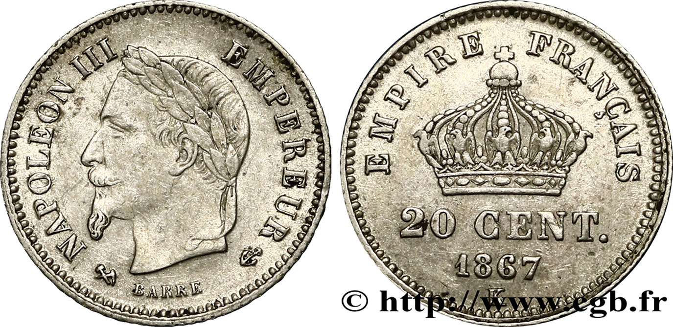 20 centimes Napoléon III, tête laurée, grand module 1867 Bordeaux F.150/3 XF45 