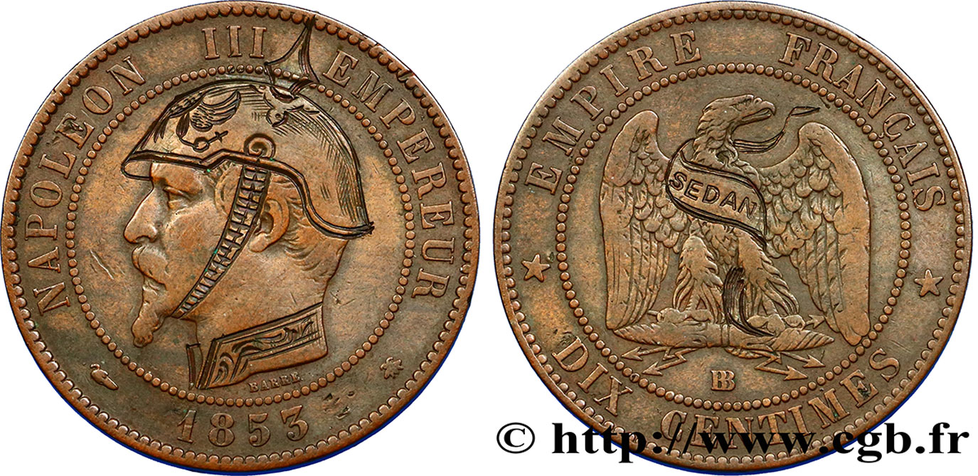 Dix centimes Napoléon III, tête nue, différent levrette, satirique 1853 Strasbourg F.133/4 var. SS45 
