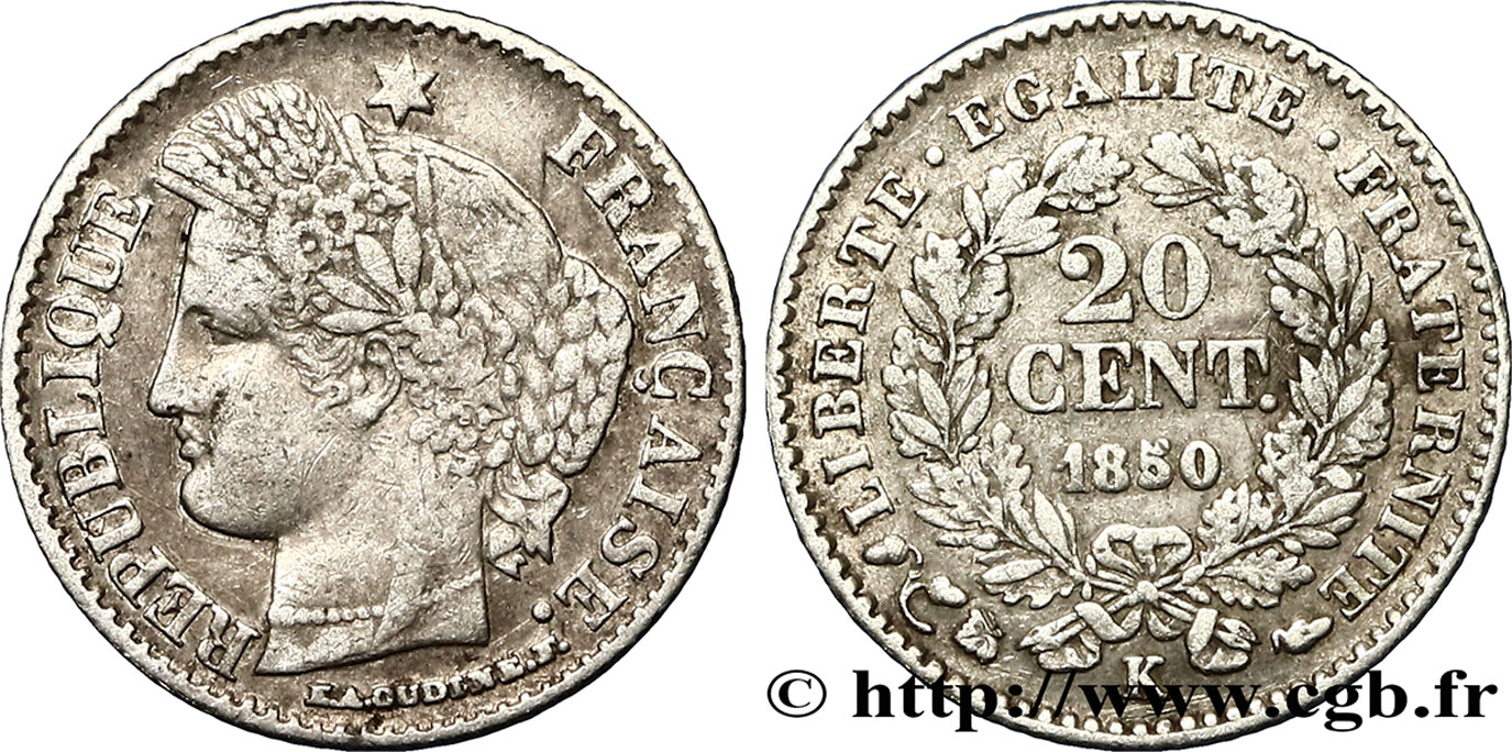 20 centimes Cérès, IIe République 1850 Bordeaux F.146/5 TB 